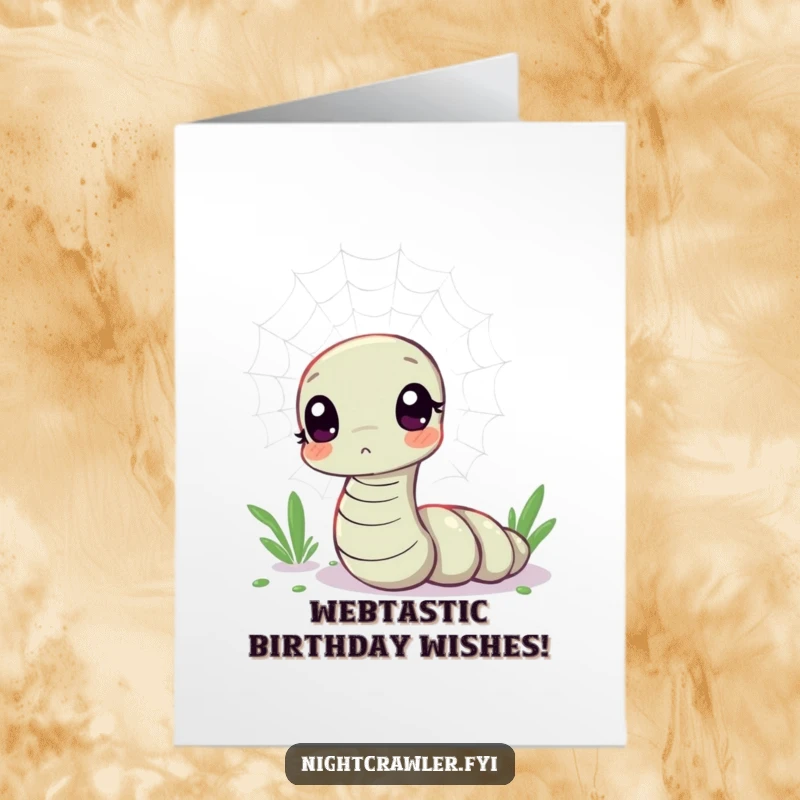 Funny Free Printable Happy Birthday Card featuring a kawaii worm character curiously observing a shimmering spider web.