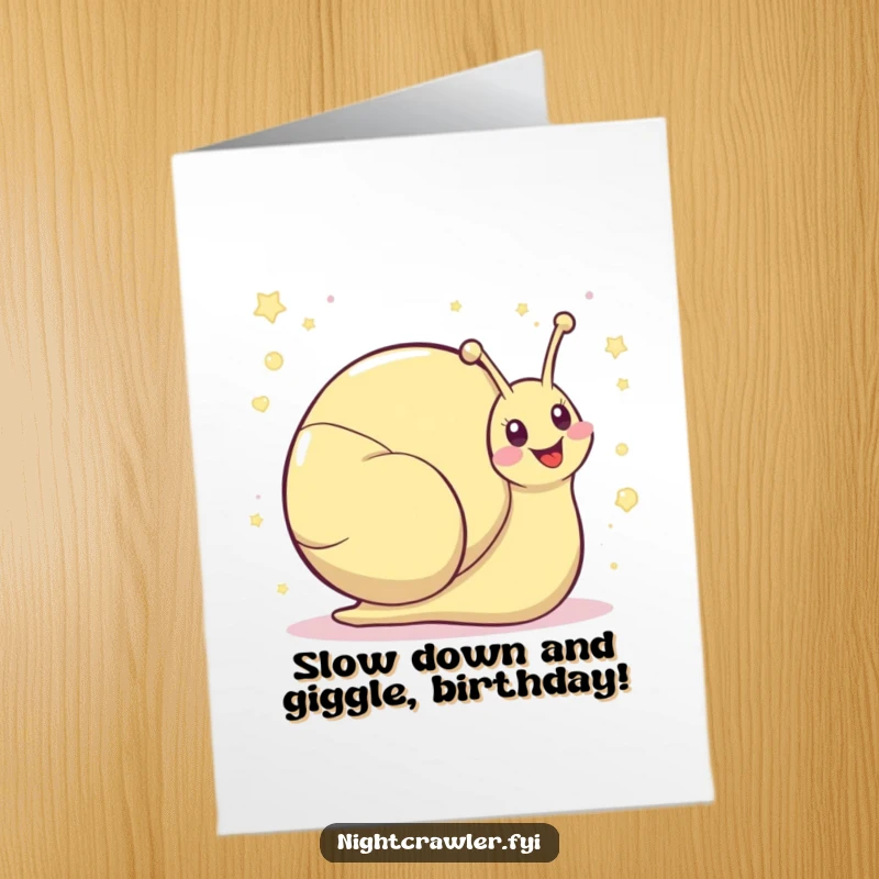 Funny Free Printable Birthday Card: A kawaii snail leaves a shimmering trail of visible giggles.