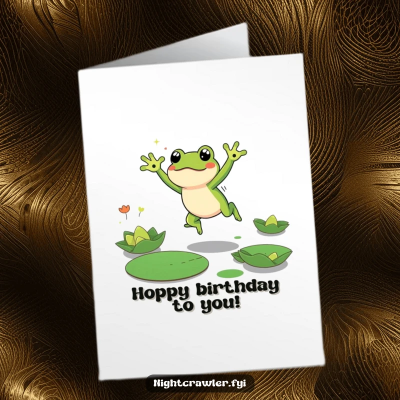 Funny Free Printable Birthday Card: Cute frog leaping between lily pads in the dark, energetic and fun.