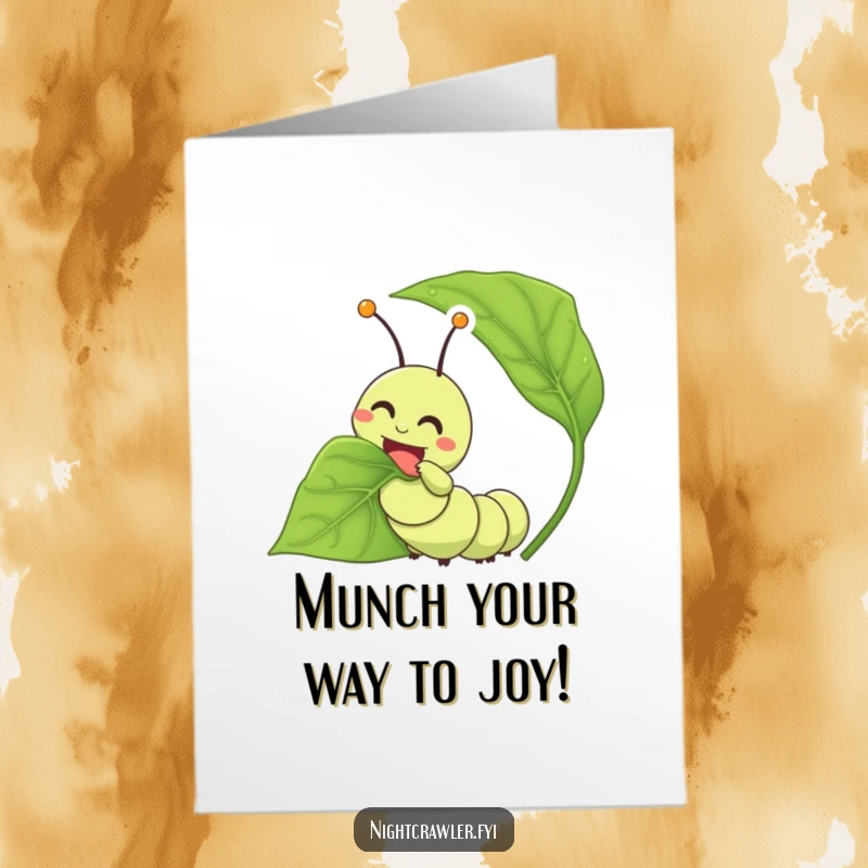 Funny Free Printable Birthday Card featuring a happy caterpillar joyfully munching on a huge leaf, symbolizing a day full of joy and treats.