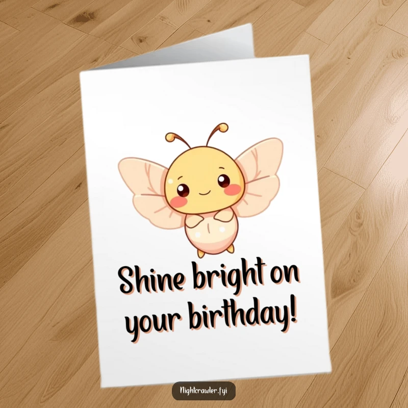 Funny Free Printable Moth Birthday Card: Happy moth fluttering around a soft light, wishing you a bright birthday.