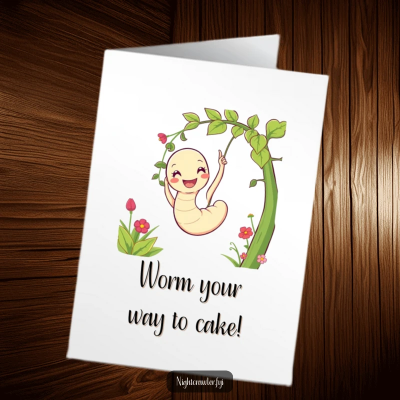 Funny free printable birthday card featuring a smiling worm joyfully swinging on a vine in a vibrant garden.