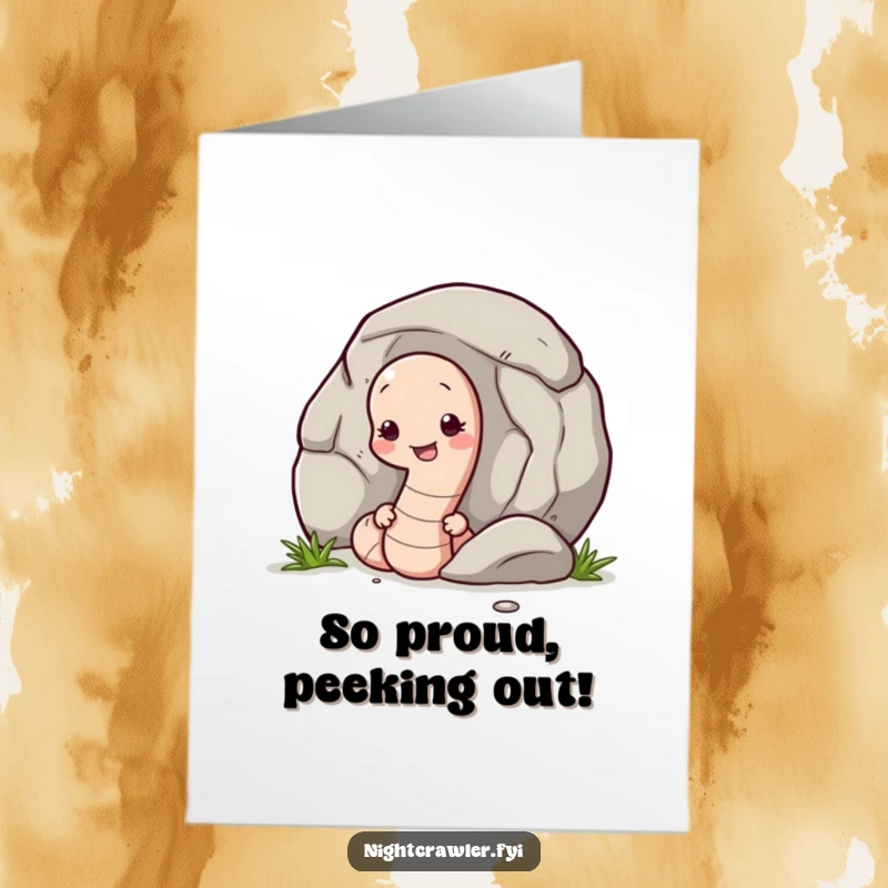 Funny Free Printable Congratulations Card: Earthworm shyly peeking from behind a pebble, celebrating an achievement softly.