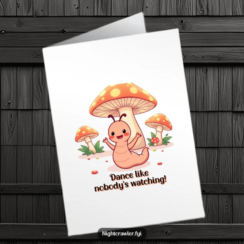 Funny Free Printable Congratulations Card: A happy worm does a silly dance under glowing toadstools, celebrating good news.