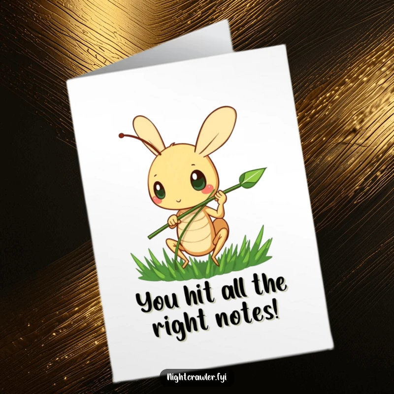 Free Printable congratulations card featuring a cute cricket character happily strumming a blade of grass, radiating joy.