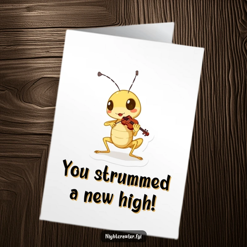 Funny Free Printable Congratulations Card showing a little cricket playing a miniature violin with great enthusiasm, celebrating your wonderful news.