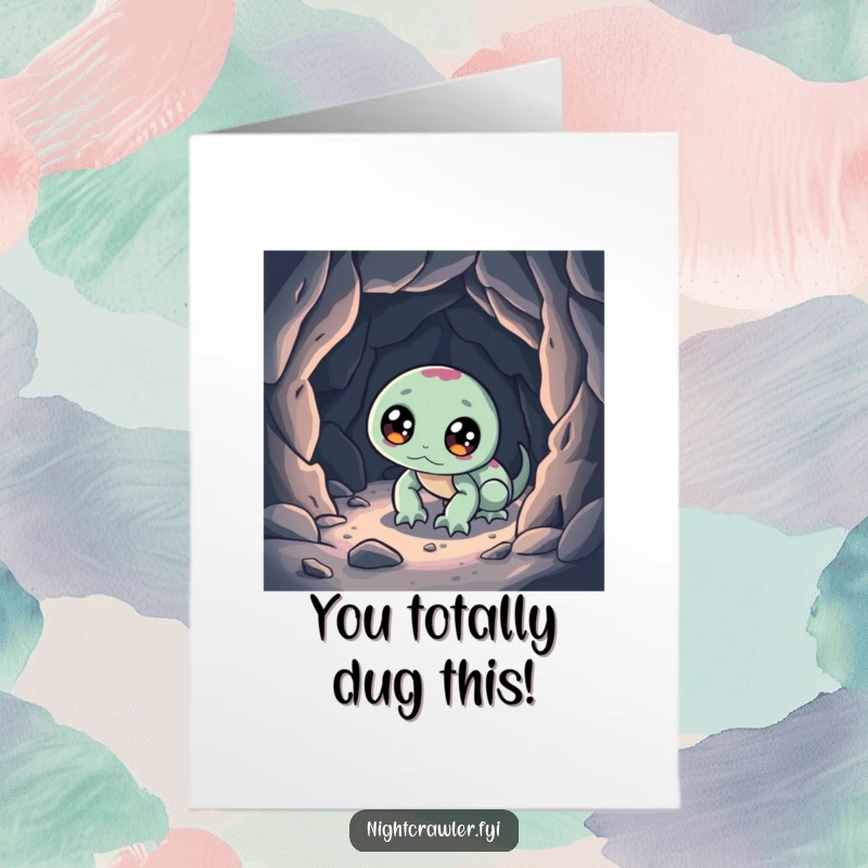 Funny Free Printable Congratulations Card: Wide-eyed night crawler discovering something amazing in a miniature cave, perfect for celebrating wins.