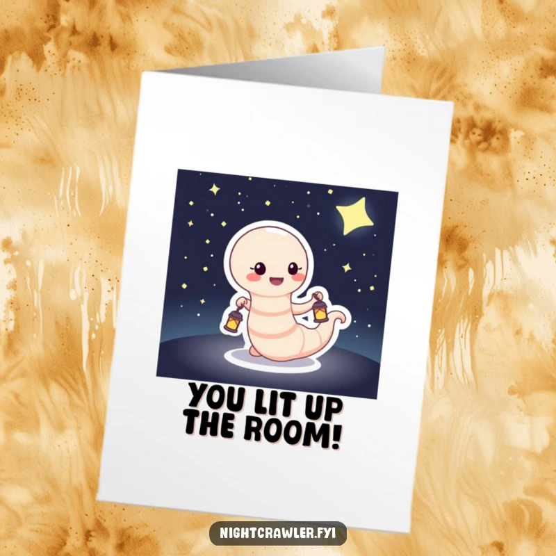 Funny Free Printable Congratulations Card showing a worm with a lantern guiding through the dark, celebrating a big win.