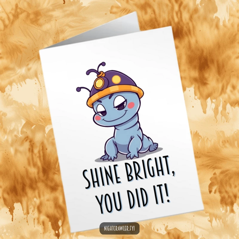 Funny Free Printable Congratulations Card: Mischievous night crawler in a glowing hat, celebrating success with a cheeky wink, printable gift.