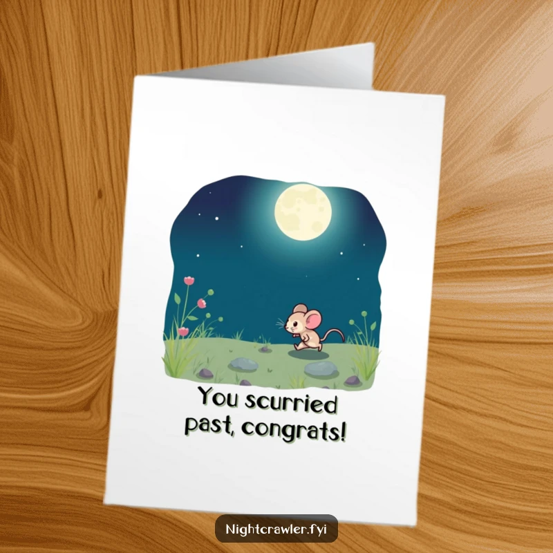 Funny Free Printable Congratulations Card: A playful mouse dashes across moonlit ground, symbolizing a successful journey.