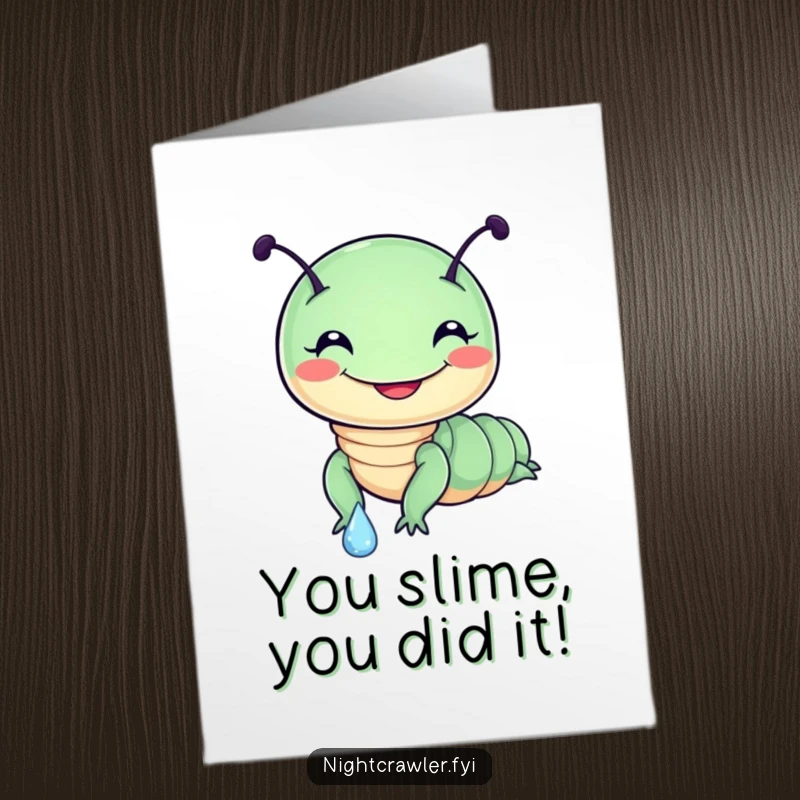 Funny Free Printable Congrats Card: Cheerful night crawler slides down a dewdrop, celebrating success with a big grin.