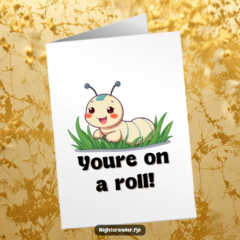 Funny Free Printable Congratulations Card: A cheerful night crawler rapidly sliding down a glistening, dewy blade of grass, signifying an easy win.
