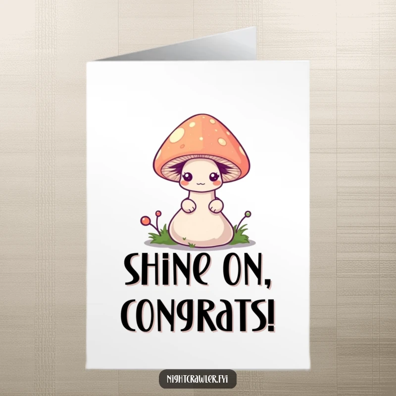 Funny Free Printable Congrats Card: A timid worm emerging from beneath a tiny, softly glowing mushroom.