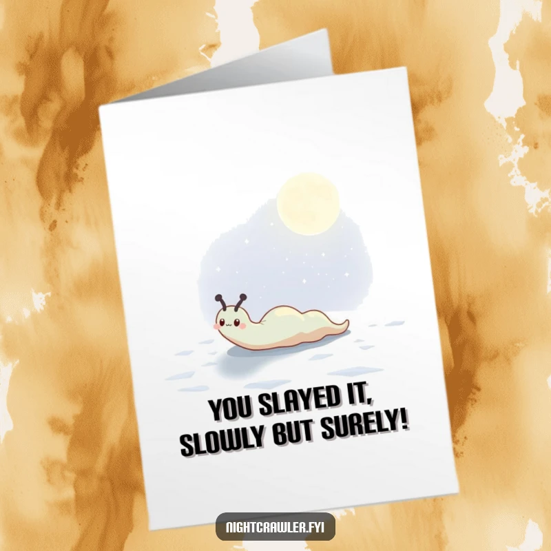 Funny Free Printable Congratulations Card: Cute slug creating a sparkling trail across a moonlit surface to celebrate.