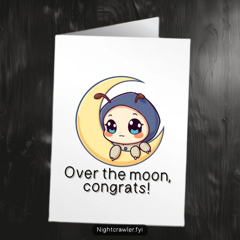Funny free printable congratulations card, night crawler character peeking from a crescent moon with curious, wide eyes.