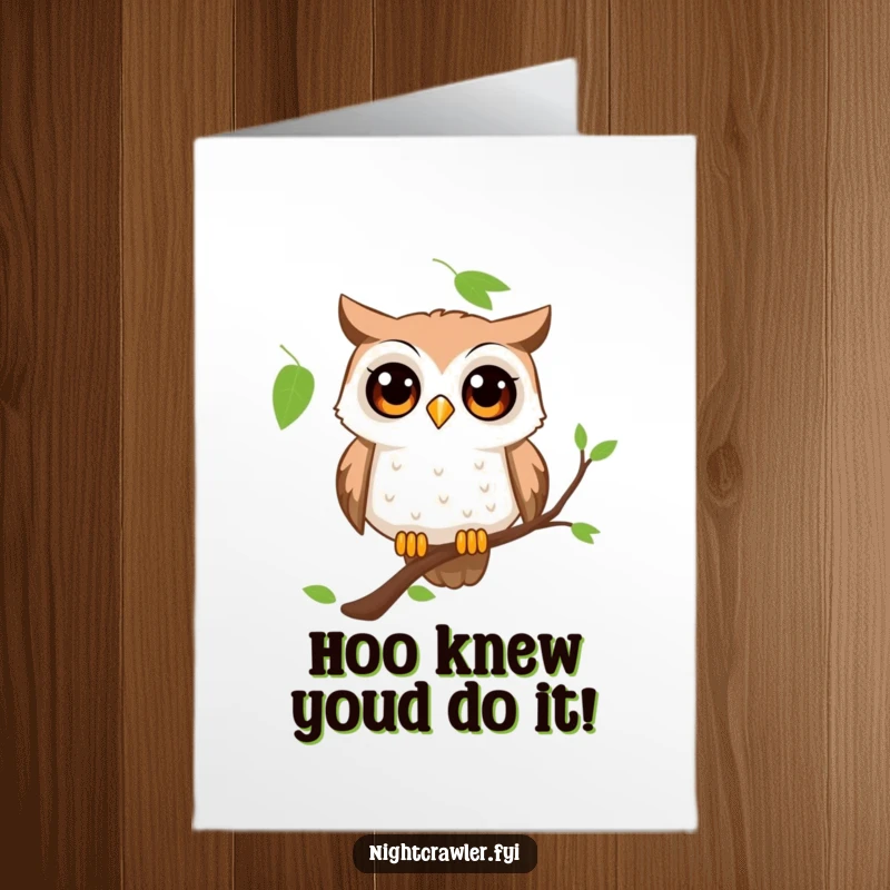 Free Printable Congratulations Card: Curious owl on a branch, eyes wide with wonder, celebrating your amazing success.