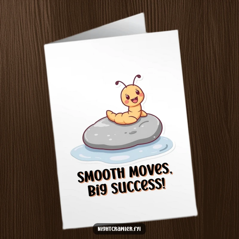 Funny Free Printable Congratulations Card featuring a happy worm character joyfully sliding down a wet pebble.