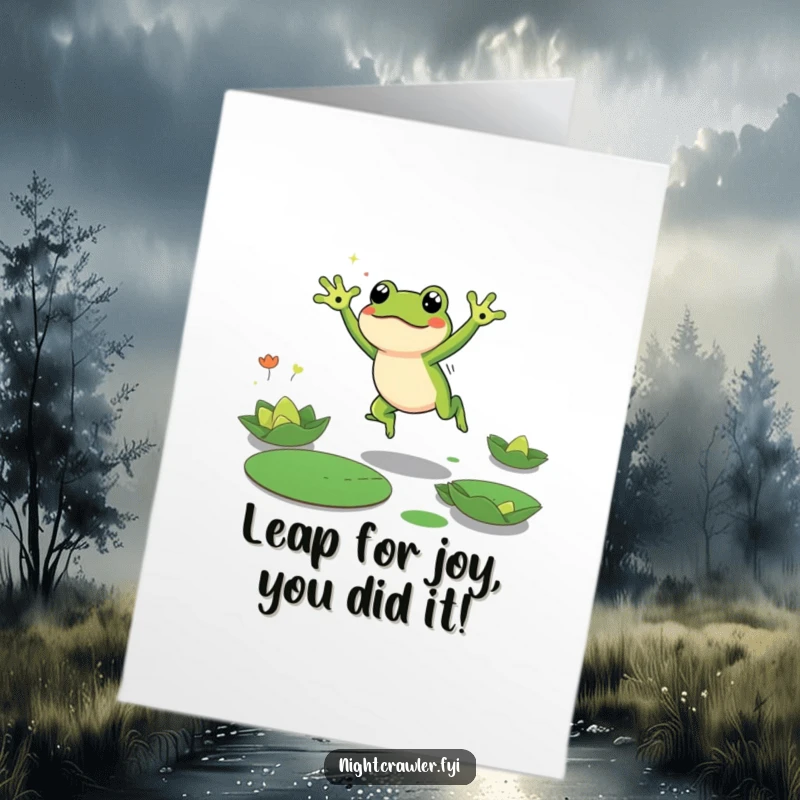 Funny Free Printable Congrats Card: Energetic frog jumping between lily pads, celebrating milestones with enthusiasm.