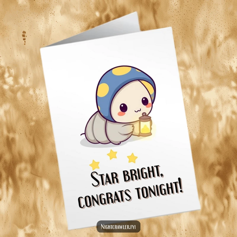 Funny free printable congratulations card, night crawler character leads the way with a lantern and glowing stars.