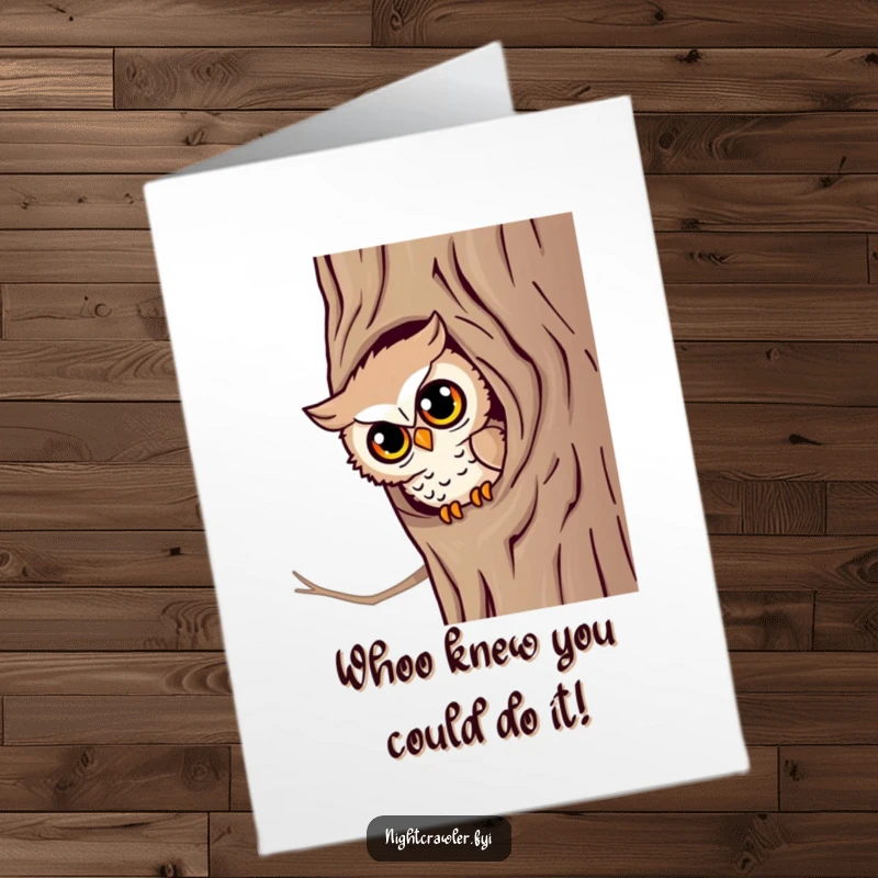 Free Printable congratulations card showing a little owl peeking from a tree hollow with bright, knowing eyes, full of wisdom.