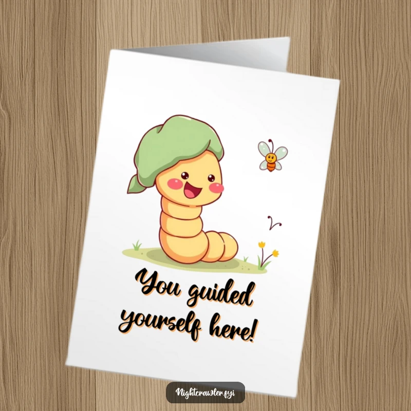 Funny Free Printable Congratulations Card showing a worm enthusiastically guiding a lost firefly, celebrating a successful journey.