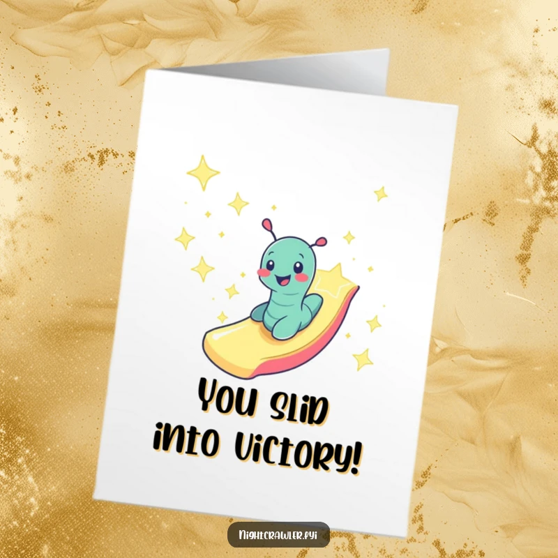 Funny Free Printable Congratulations Card: A smiling worm zooming down a starlight slide, representing success and reaching new heights.