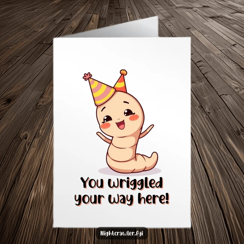 Funny Free Printable Congratulations Card showing an earthworm in a party hat, wiggling with infectious enthusiasm for your success.