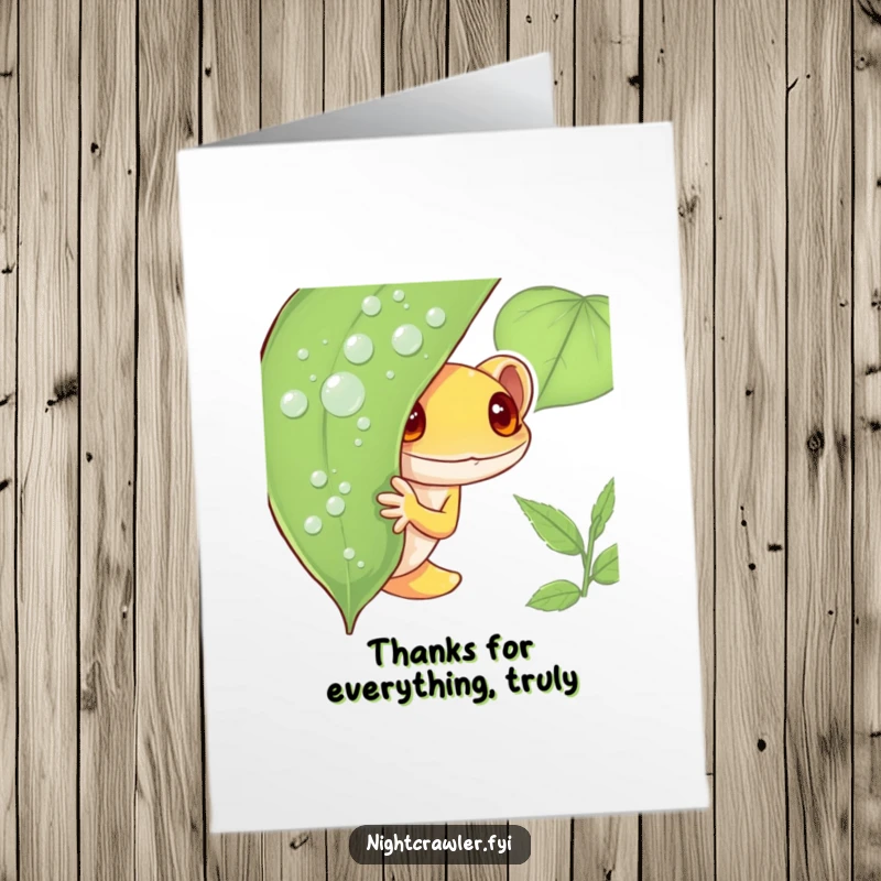 Funny Free Printable Thank You Card: Shy gecko peeking out, a quiet way to say thanks with humor.