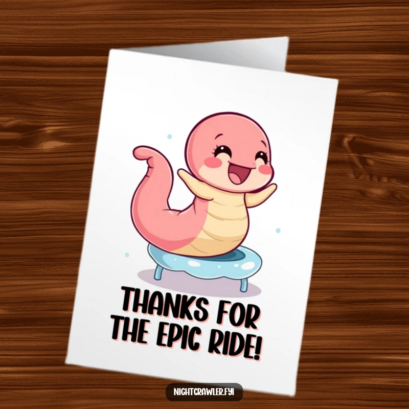 Funny Free Printable Thank You Card: A happy earthworm joyfully bouncing on a dewdrop like a trampoline, expressing thanks with energetic glee, printable wall art.