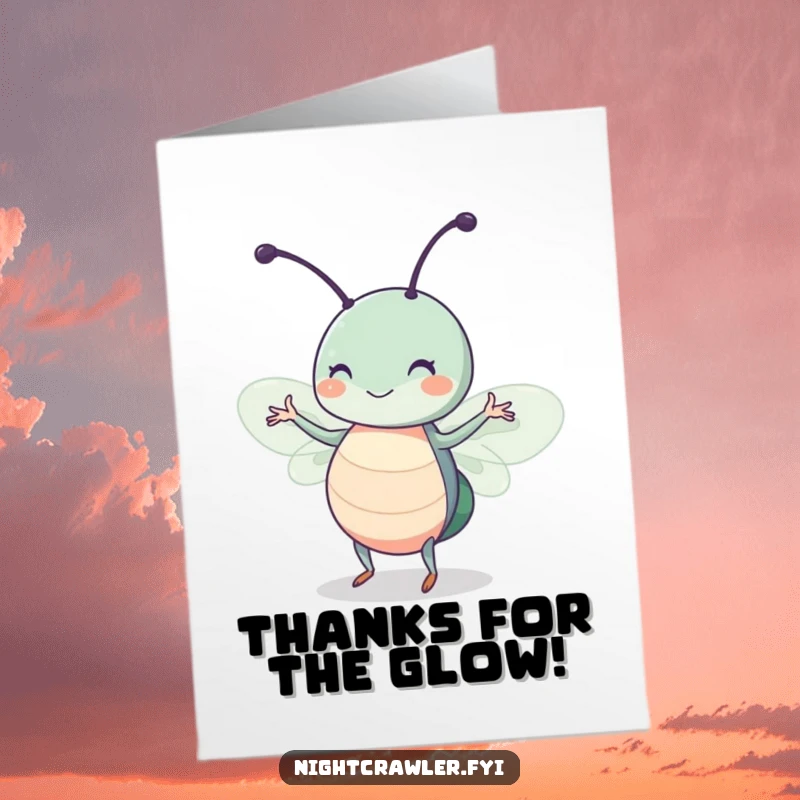 Funny Free Printable Thank You Card of a happy twitching insect dancing gracefully in a mystical beam of moonlight.