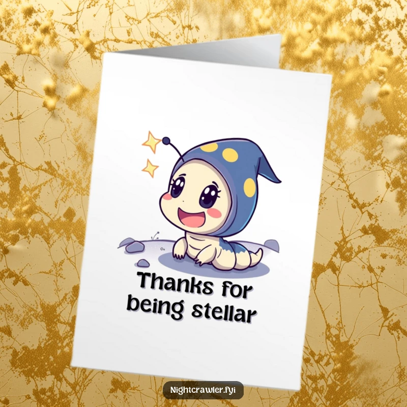 Funny Free Printable Thank You Card: A night crawler looks on in exaggerated surprise at a shooting star, conveying thanks.