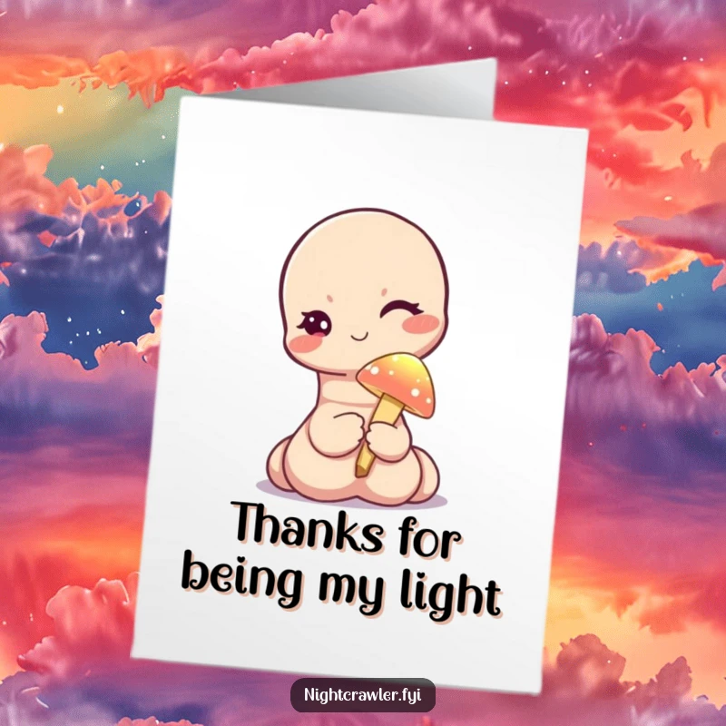 Funny Free Printable Thank You Card with a cute, winking worm character holding a tiny, illuminated mushroom.