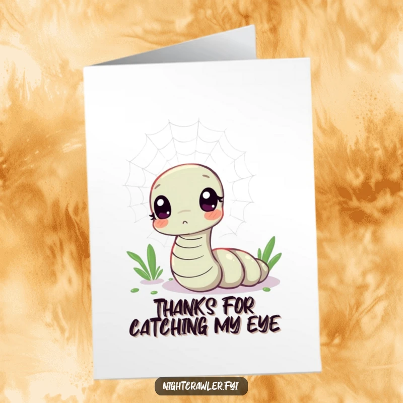 Funny Free Printable Thank You Card with a curious kawaii worm character examining a shimmering spider web.