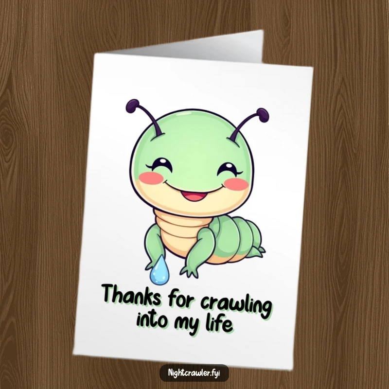 Funny Free Printable Thank You Card: A happy night crawler slides down a dewdrop, expressing thanks with a cheerful grin.