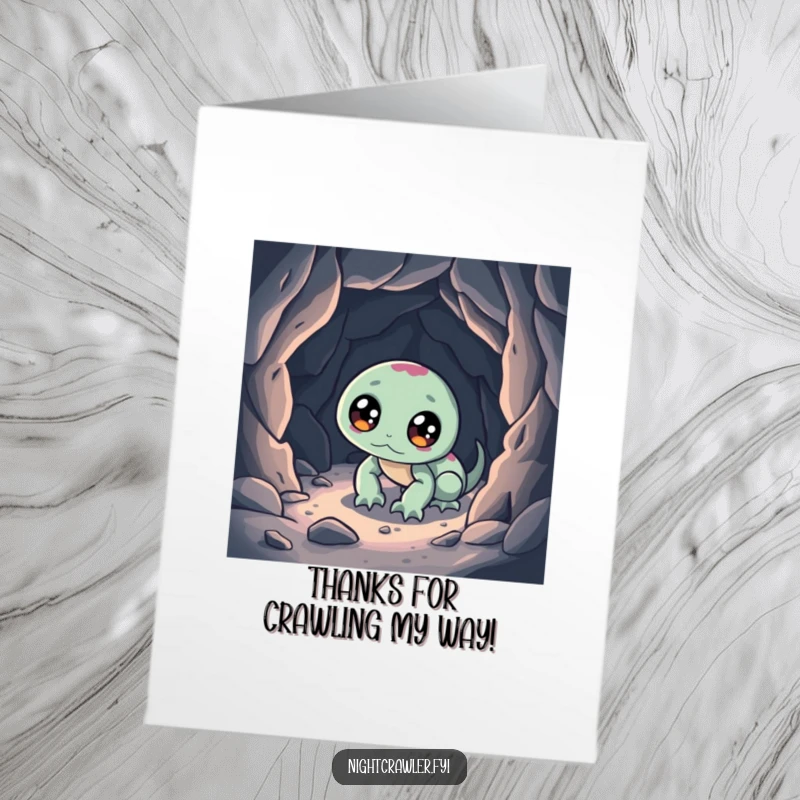Funny Free Printable Thank You Card: Night crawler with bright eyes pausing its cave exploration to send thanks, a unique gesture.