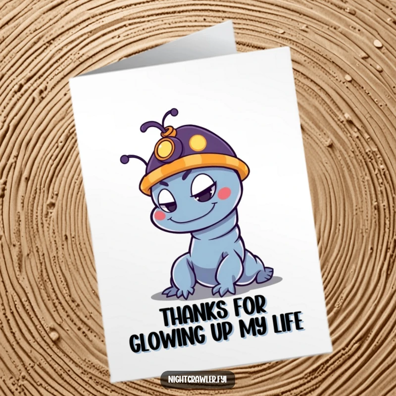Funny Free Printable Thank You Card: Mischievous night crawler with glowing hat, sending thanks with a twinkle, downloadable art.