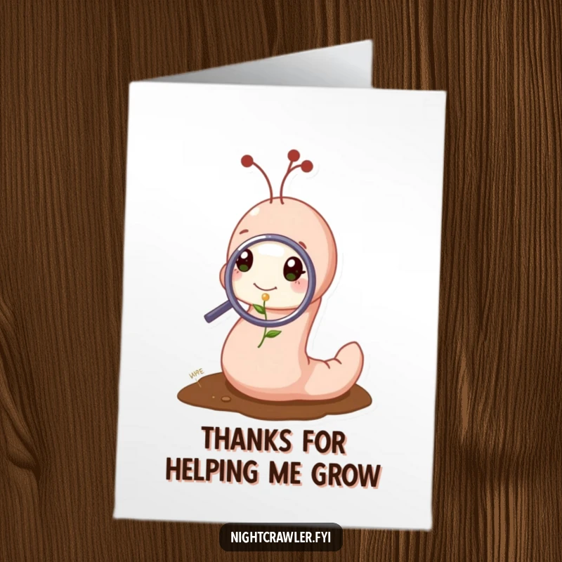 Funny Free Printable Thank You Card: A cute worm with a magnifying glass looks at a tiny sprout, expressing thanks.