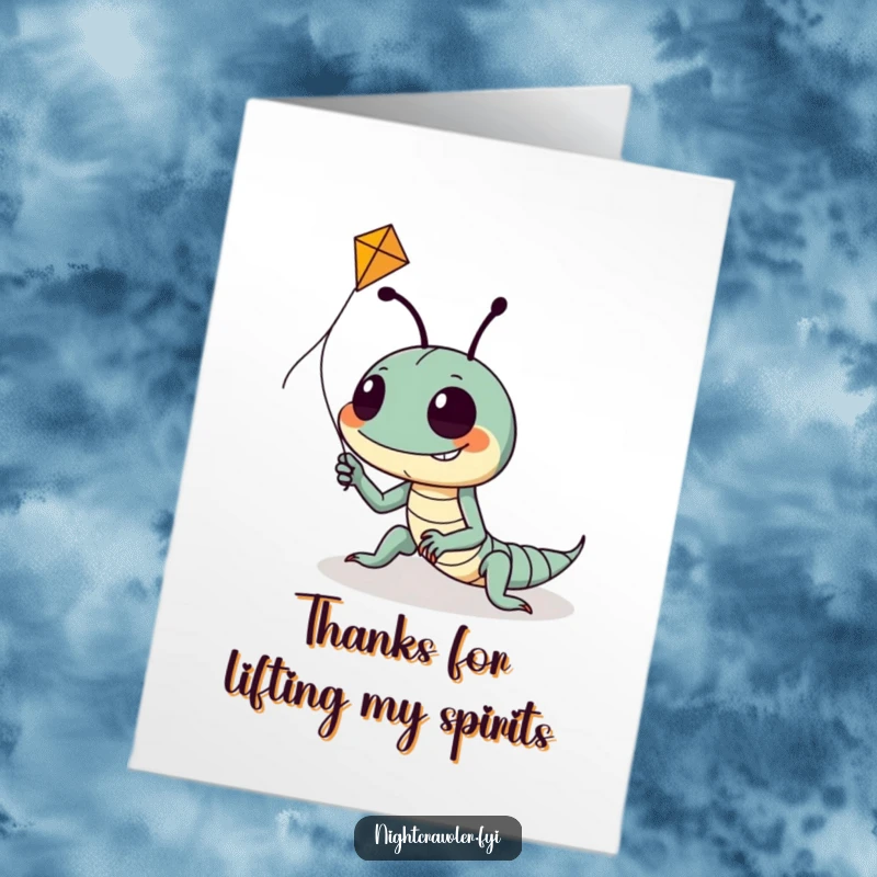 Funny Free Printable Thank You Card: A goofy night crawler with a wide grin attempts to fly a tiny kite, symbolizing gratitude.