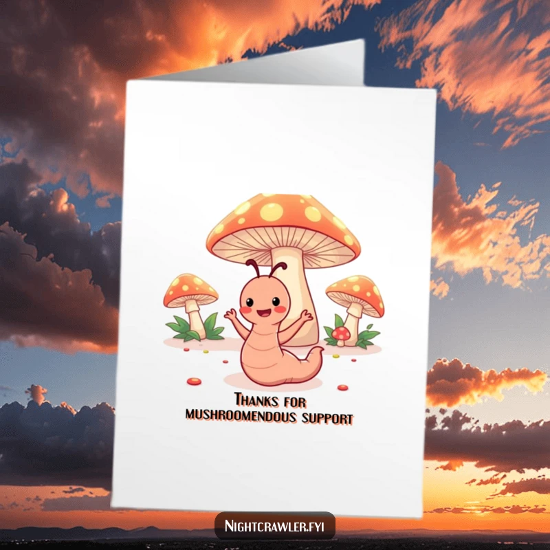 Funny Free Printable Thank You Card: A happy worm character performs a silly dance under glowing toadstools, showing thanks.