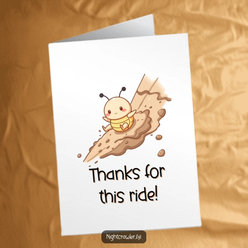Funny Free Printable Thank You Card featuring a cute buggy character gleefully sliding down a muddy hill with a big, happy grin.
