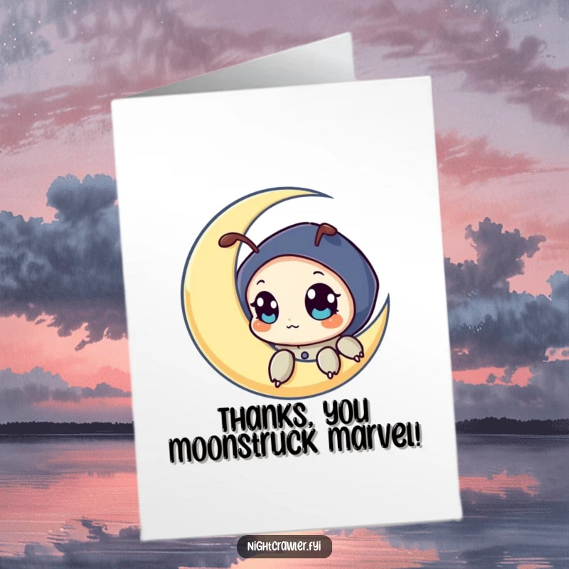 Funny free printable thank you card, night crawler character looking down from a crescent moon with curious eyes.