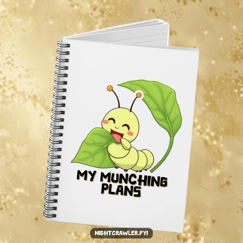 Funny caterpillar notebook featuring a happy character joyfully munching on a leaf, inspiring delicious thoughts.