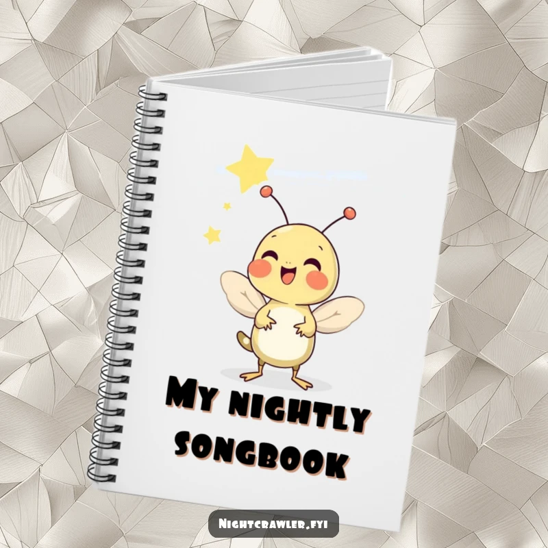 Funny notebook cover showing a cheerful cricket chirping under a starry sky, perfect for journaling.