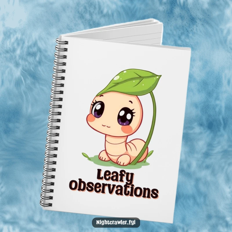 Funny notebook cover featuring a cute worm character peeking from a dewy leaf with wide, curious eyes, perfect for a funny garden journal.