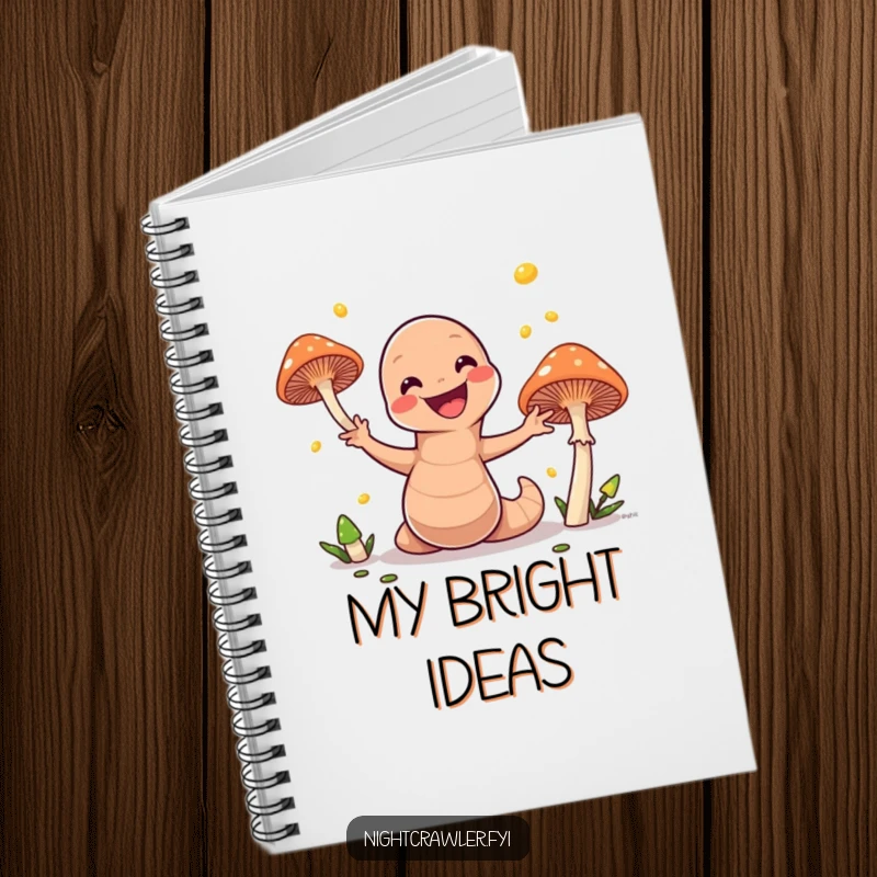 Funny notebook with a delightful earthworm juggling glowing mushrooms, offering ample space for notes and a touch of whimsical humor.