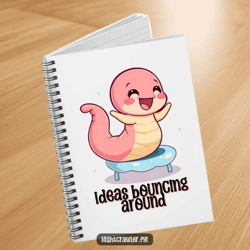 Funny Earthworm Trampoline Notebook: Joyful worm bouncing on a dewdrops trampoline, perfect for notes and doodles.