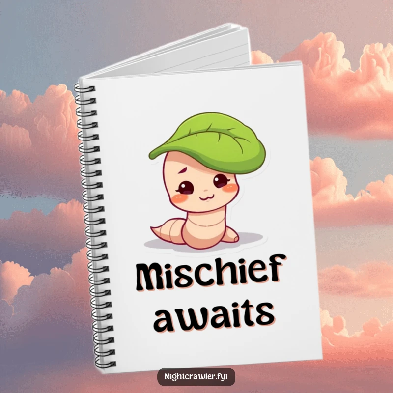 Funny notebook with a worm character with a mischievous smirk, peeking out from under a leaf, ideal for jotting notes.