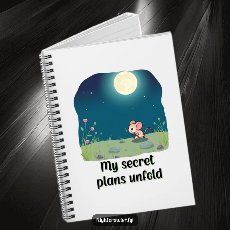 Funny notebook cover showing a small mouse playfully running across moonlit ground, perfect for journaling.