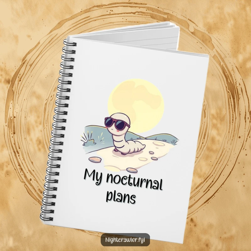 Funny notebook with a worm wearing sunglasses, slowly inching across a moonlit path, for jotting down ideas.