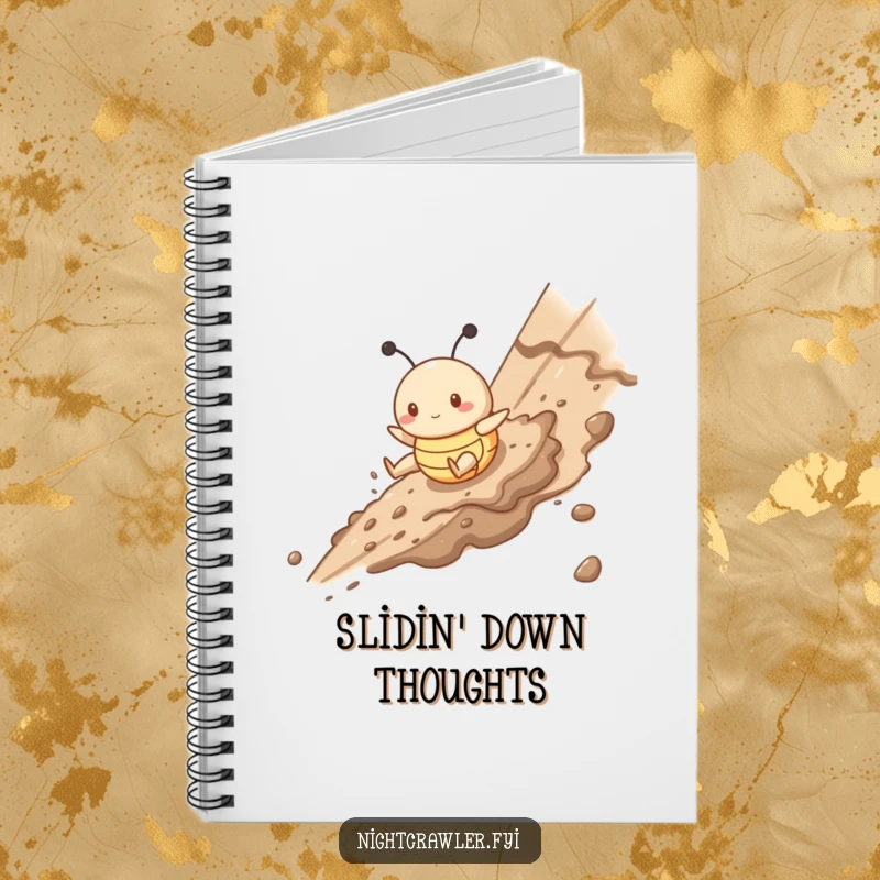 Funny notebook cover with a cute buggy character gleefully sliding down a muddy slope, perfect for journaling messy ideas.